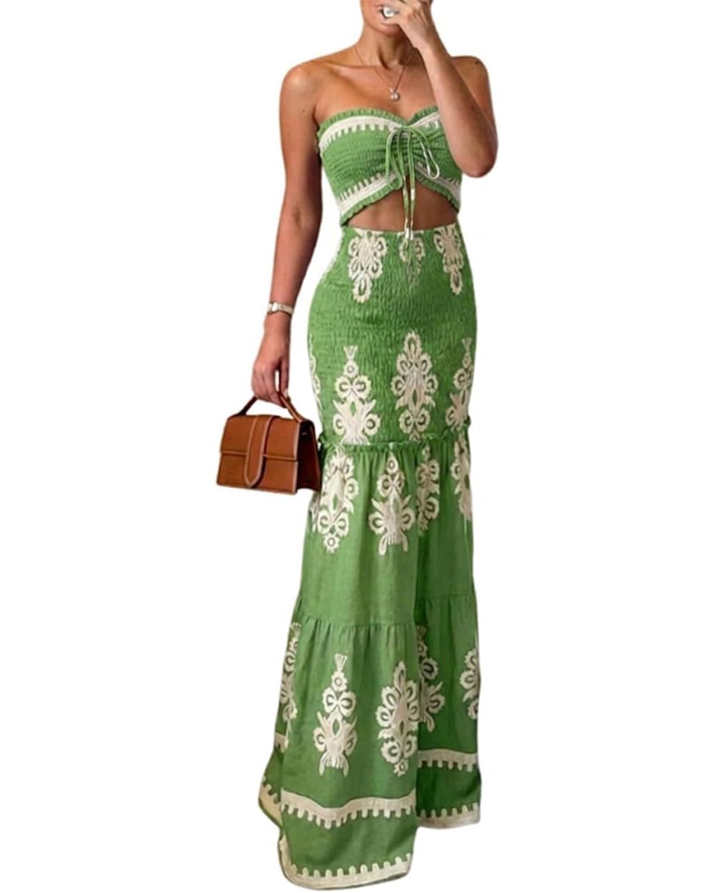 CHICME Floral Vacation Dress Halter Tie Ruched Womens Maxi Dress | Sleeveless Slim Dress, 3-Way Tie: Halter, Bow or Strapless,Ruffle Mermaid Hem for Party,Vacation,Wedding Guest