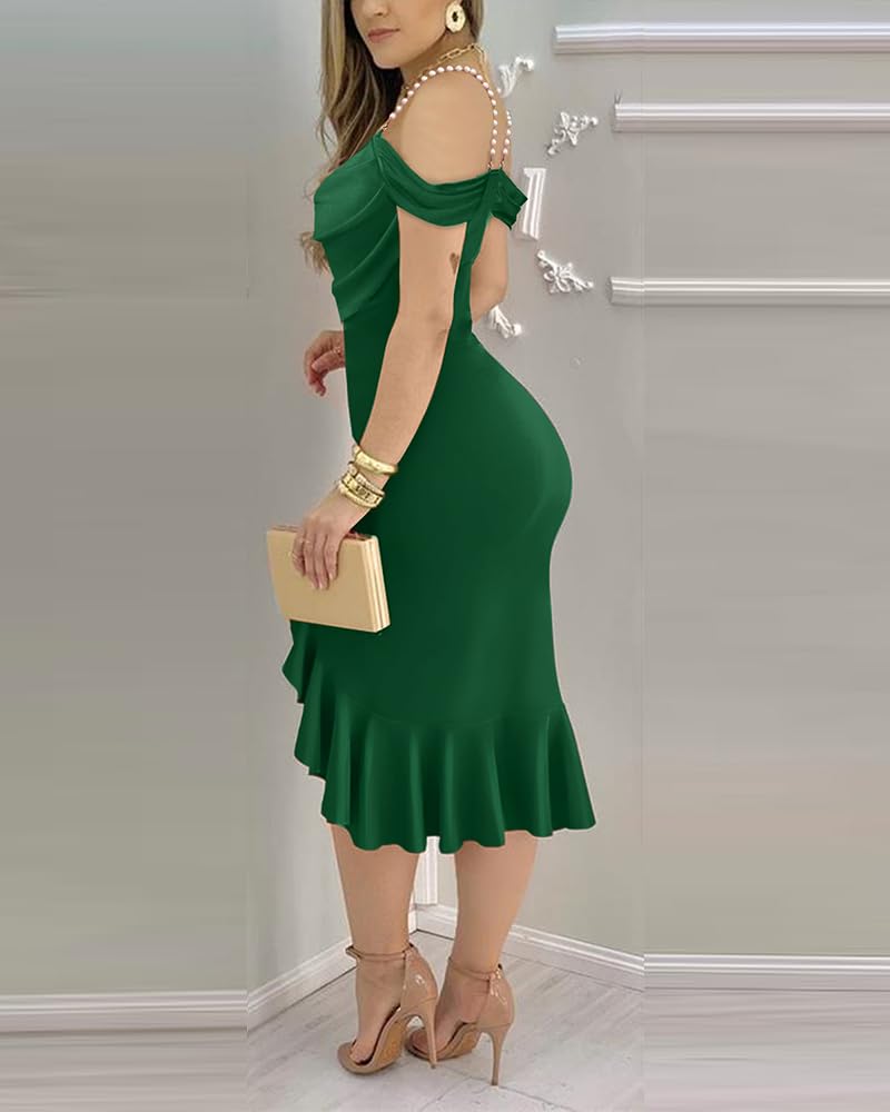 CHICME Womens Cocktail Dresses Pearls Strap Bodycon Midi Dress | Off Shoulder Design, Ruffle Hem Style, Soft Stretch Fabric, Birthday Party Wear, Wedding Guest Outfit, Date Night Look