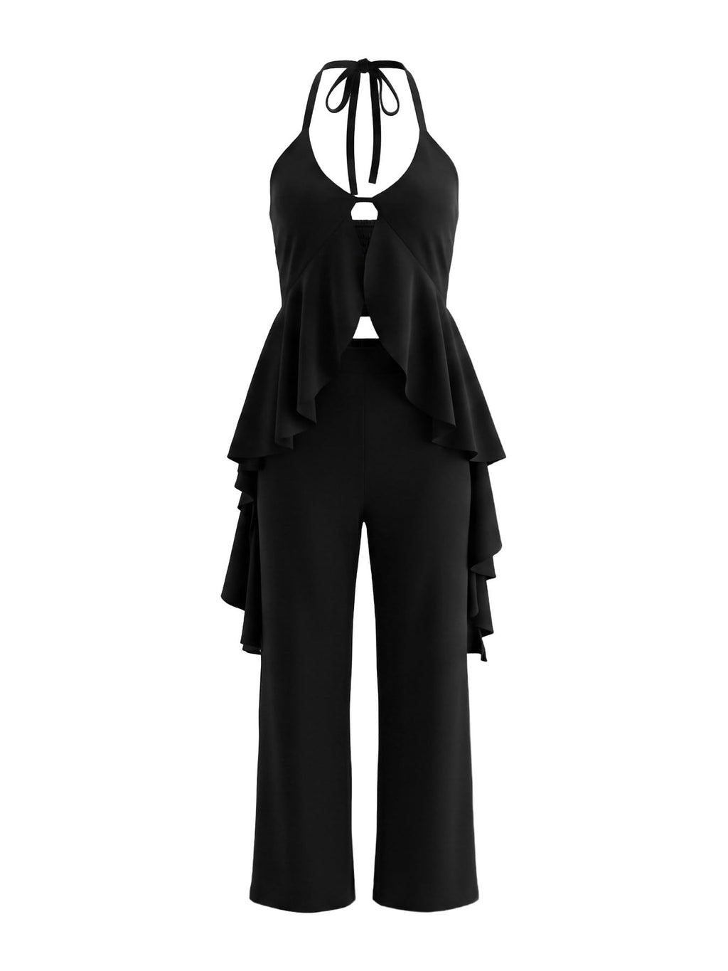Women's Casual 2 Piece Set Sexy Sleeveless Backless Halter Neck Cutout Ruffled Tops Wide Legs Pants Outfits