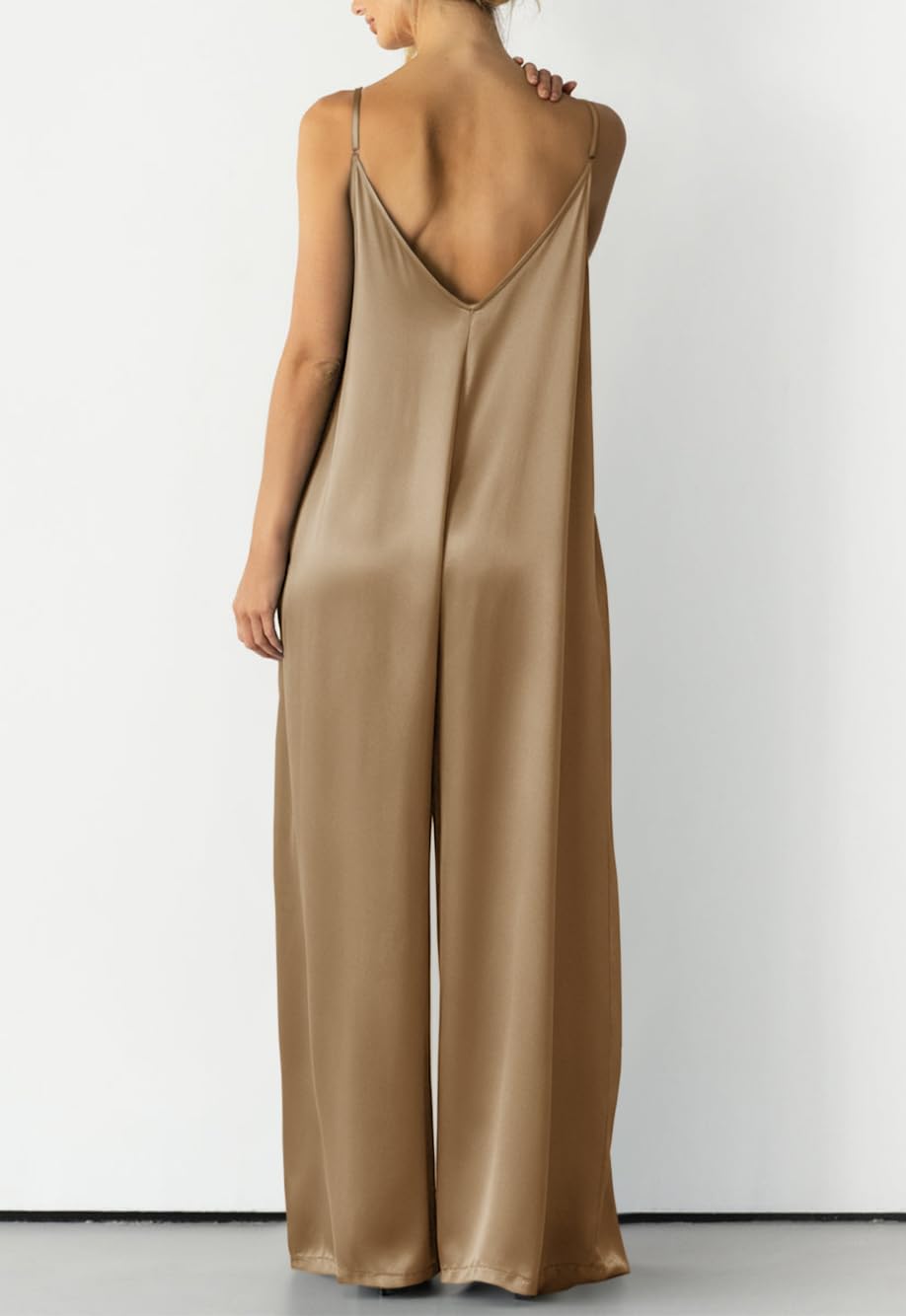 Womens Satin Wide Leg Jumpsuits Dressy Flowy Date Night Rompers Outfits | Silky Fabric,Casual Relaxed Fit,Formal,Wedding Guest,cocktail,Sexy V Neck,Spaghetti Strap,Summer,One Piece Outfit
