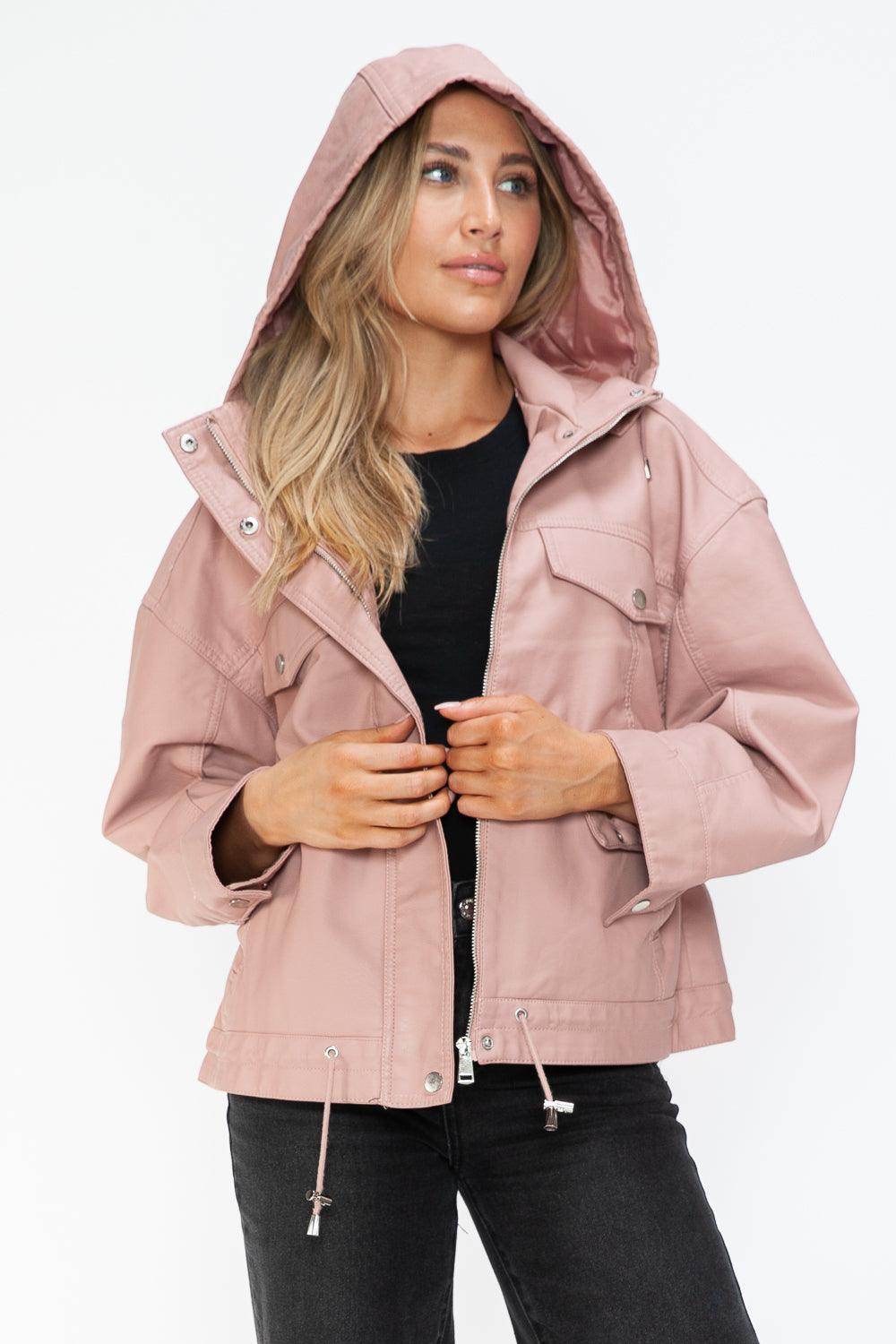 How Dare U Drawstring Hem PU Leather Zip Up Jacket for Women