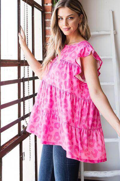 Heimish Full Size Tiered Leopard Round Neck Blouse Plus Size