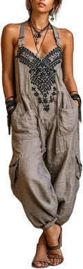 THLAI Women Boho Printed Spaghetti Strap Jumpsuit Loose Baggy Cargo Overalls Back Tie Casual Vacation Rompers