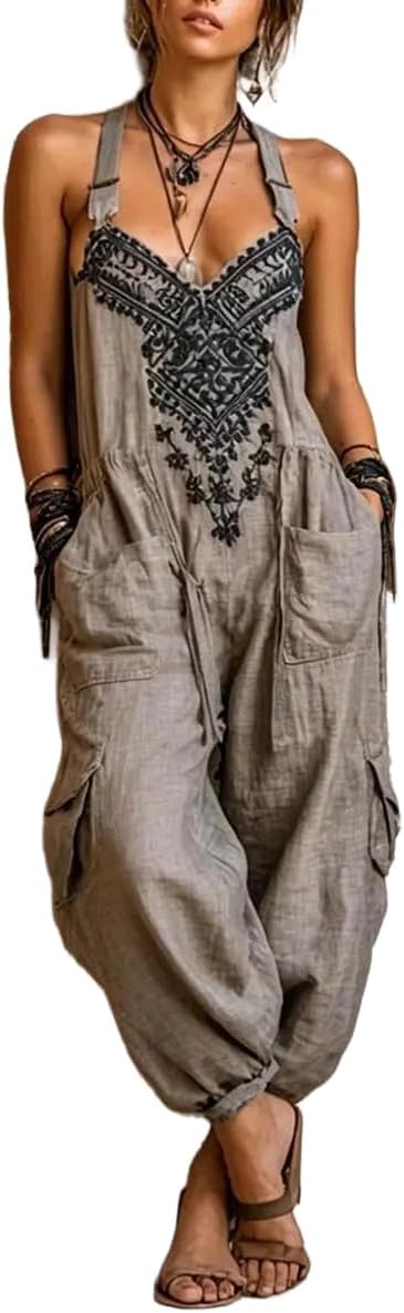 THLAI Women Boho Printed Spaghetti Strap Jumpsuit Loose Baggy Cargo Overalls Back Tie Casual Vacation Rompers