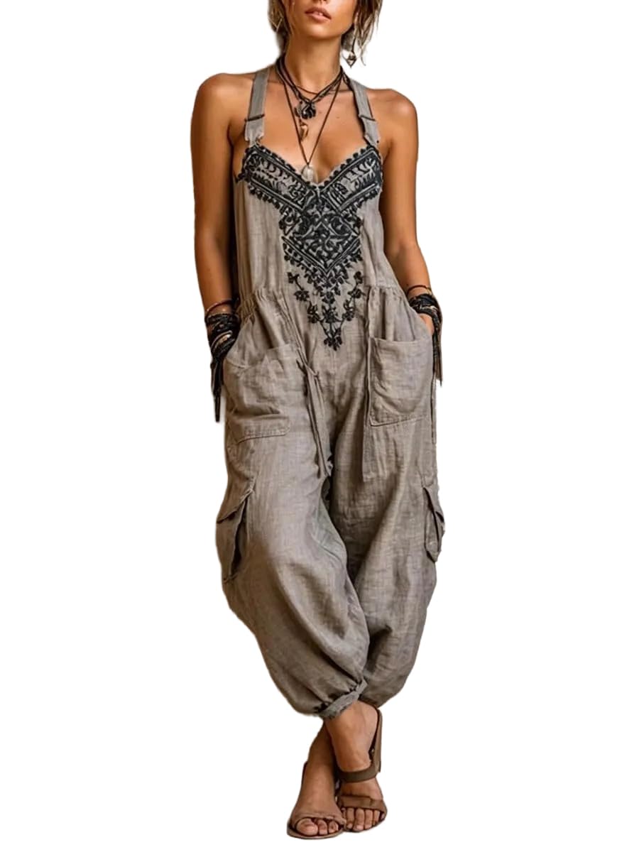 THLAI Women Boho Printed Spaghetti Strap Jumpsuit Loose Baggy Cargo Overalls Back Tie Casual Vacation Rompers