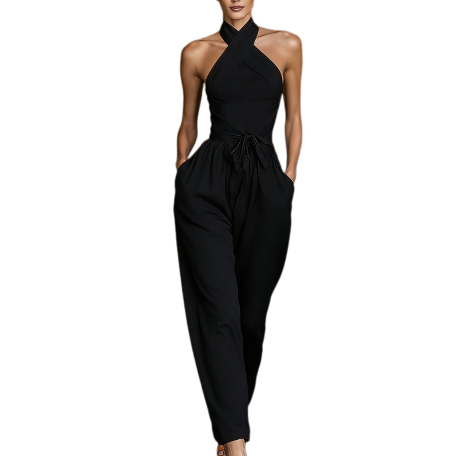 Backless Rompers for Women Casual Ink Printed Sleeveless High Waist Wide Leg Jumpsuit Sexy Halter Boho Vacation Party Outfits