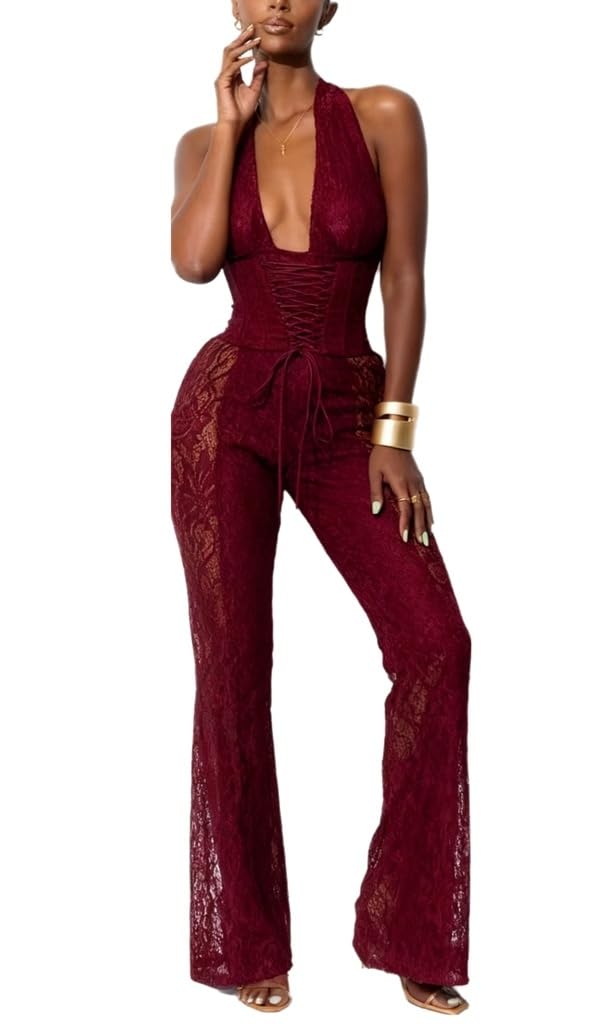 Wuitrie Lace Jumpsuits for Women Sexy See Through Deep V Neck Halter Tops and Flare Pant One Piece Romper Party Club Outfits