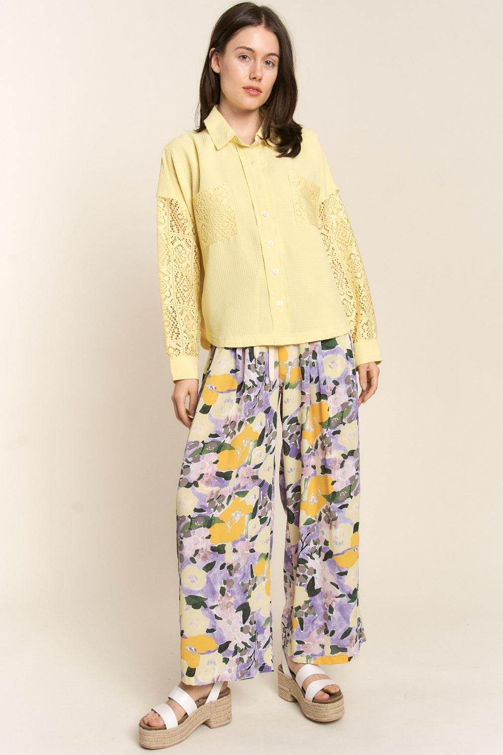 J.NNA Button Down Lace Long Sleeve Waffle Shirt for Women