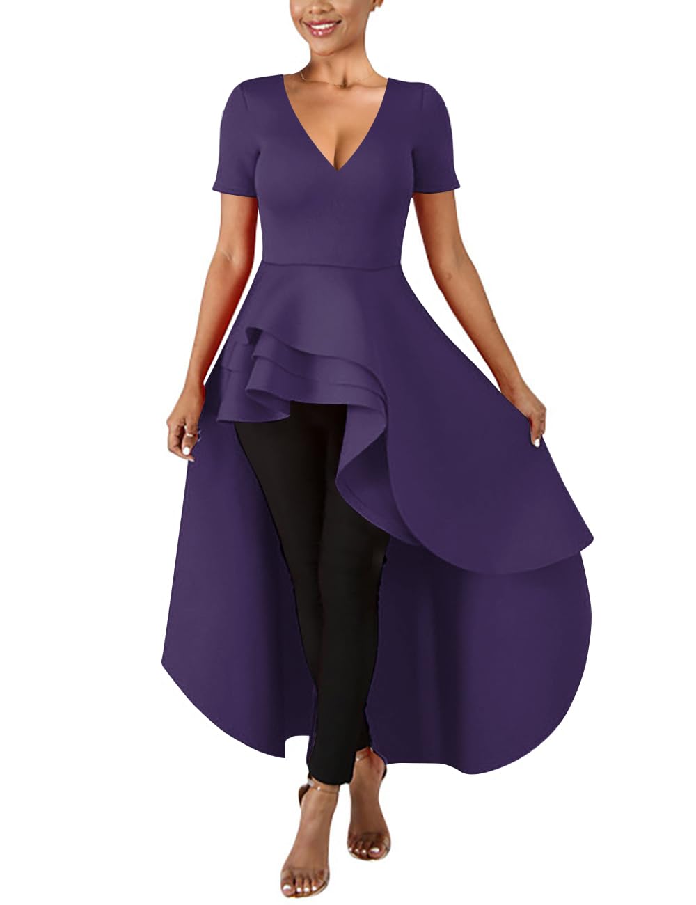 Lrady Womens V Neck Short Sleeve High Low Cocktail Party Dresses Peplum Tunic Tops Shirt Dress