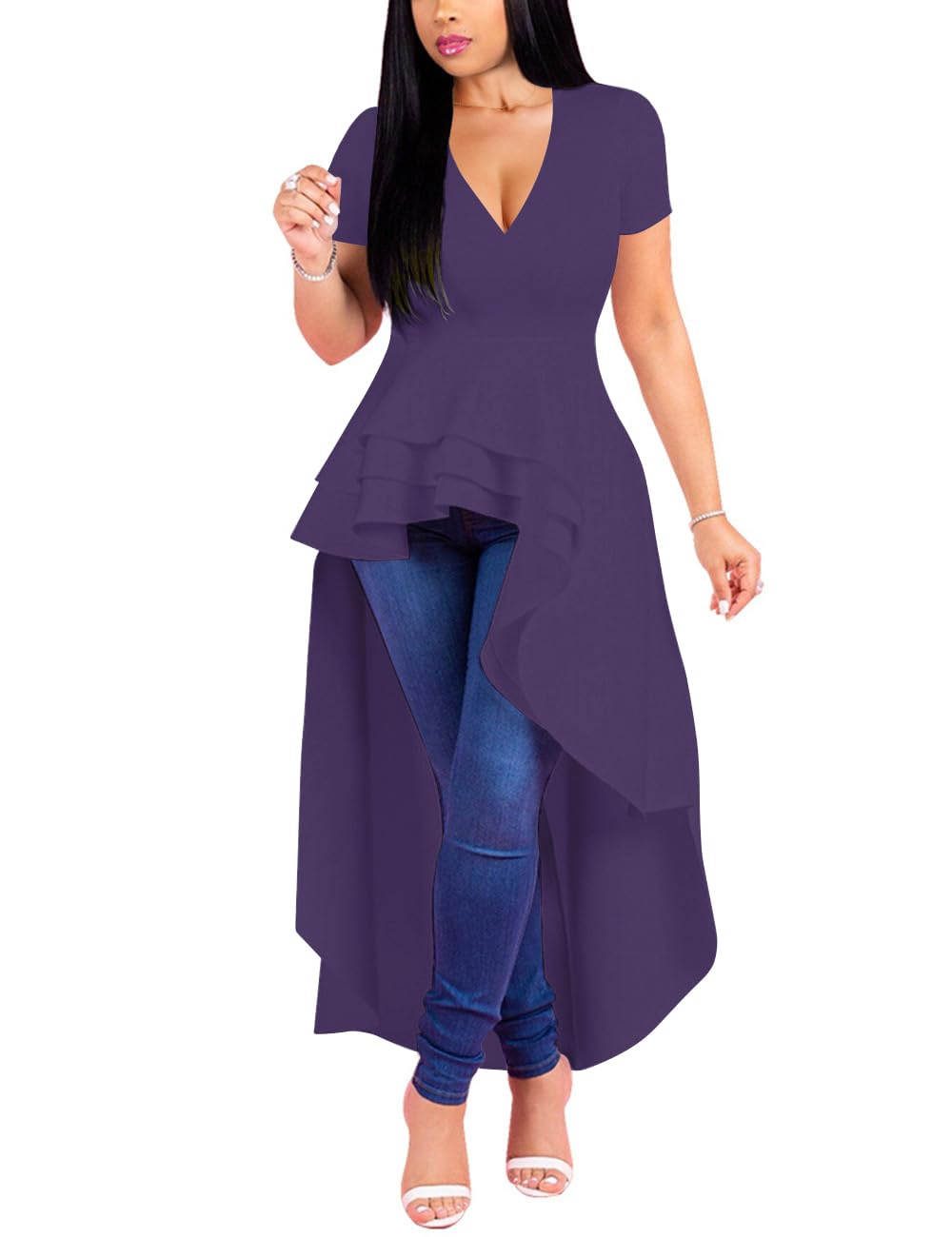 Lrady Womens V Neck Short Sleeve High Low Cocktail Party Dresses Peplum Tunic Tops Shirt Dress