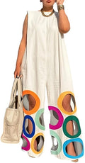 oshoplive Jumpsuits For Women Wide Leg Rompers Sleeveless Casual Crew Neck Jumpers With Pockects