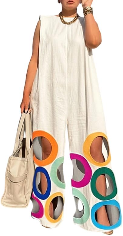 oshoplive Jumpsuits For Women Wide Leg Rompers Sleeveless Casual Crew Neck Jumpers With Pockects