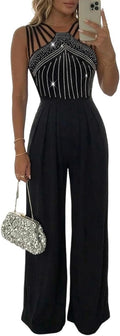Women's One Piece Jumpsuit Spaghetti Strap Rhinestone High Waisted Ruched Wide Leg Jumpsuits Evening Romper