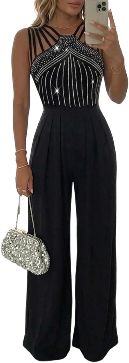 Women's One Piece Jumpsuit Spaghetti Strap Rhinestone High Waisted Ruched Wide Leg Jumpsuits Evening Romper