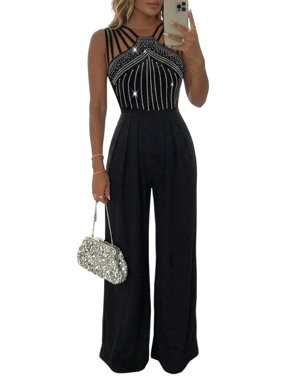 Women's One Piece Jumpsuit Spaghetti Strap Rhinestone High Waisted Ruched Wide Leg Jumpsuits Evening Romper
