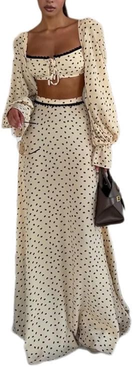 THLAI Womens Boho Two Piece Polka Dot Crop Top & Maxi Skirt Set With Long Sleeve Shrug Vacation Outfit
