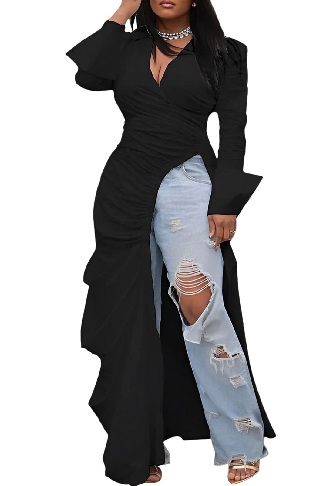 Women's Button Down Shirt Dress High Low Irregular Hem Top | Deep V Neck, Ruched, Long Sleeve, Side Split, Asymmetrical Irregular Hem Casual High Low Tops Blouse