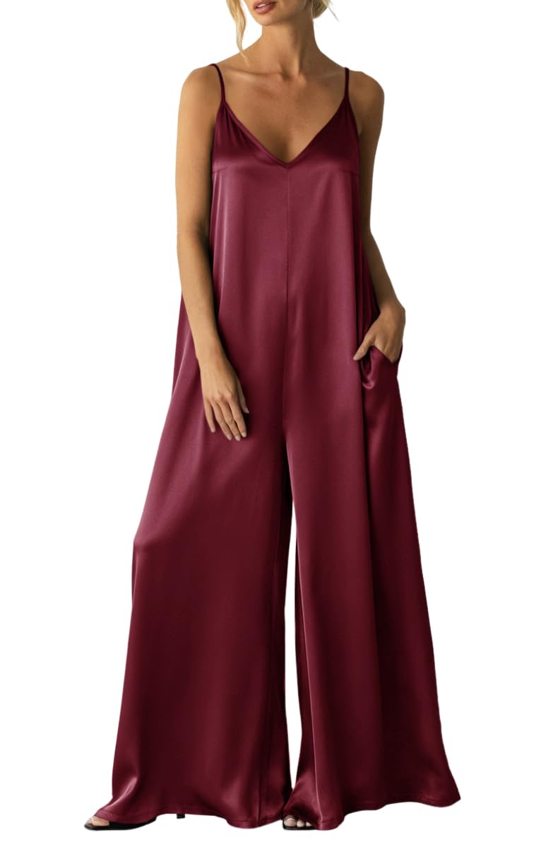 Womens Satin Wide Leg Jumpsuits Dressy Flowy Date Night Rompers Outfits | Silky Fabric,Casual Relaxed Fit,Formal,Wedding Guest,cocktail,Sexy V Neck,Spaghetti Strap,Summer,One Piece Outfit
