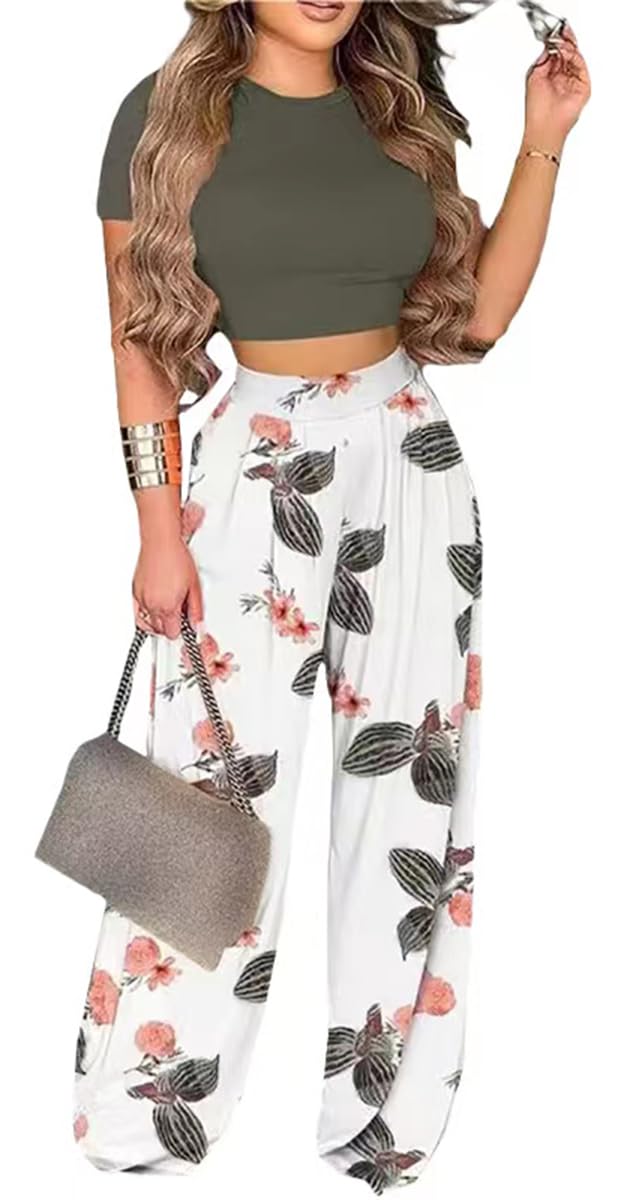 2 Piece Outfits for Women Short Sleeve Crop Top High Waist Wide Leg Long Pant Sets Tracksuit Sport Set