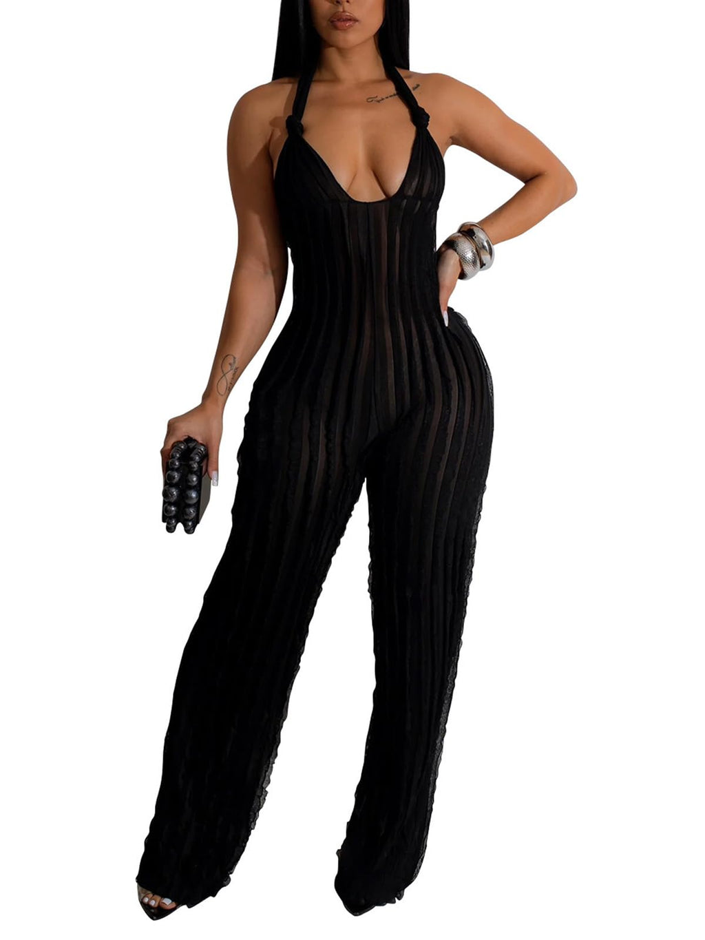 YBSKG Summer Halter Backless Jumpsuits for Women One Piece Wide Long Pants | Sexy See Through V Neck Tie Pleated One Piece Wide Leg Long Pants Romper