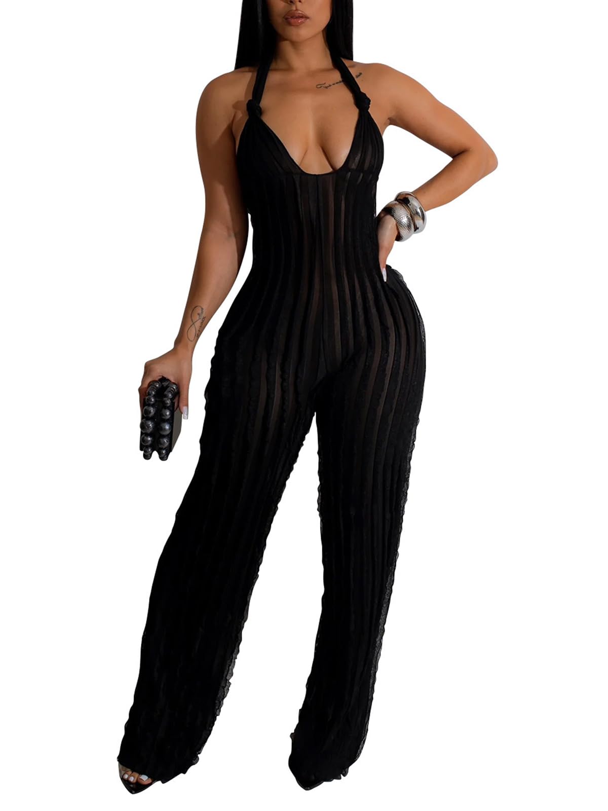 YBSKG Summer Halter Backless Jumpsuits for Women One Piece Wide Long Pants | Sexy See Through V Neck Tie Pleated One Piece Wide Leg Long Pants Romper