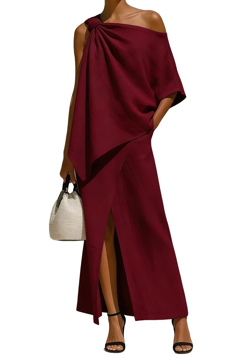 2 Piece Sets for Women Off Shoulder Irregular Hem Top and Slit Maxi Skirt Summer Casual Outfits
