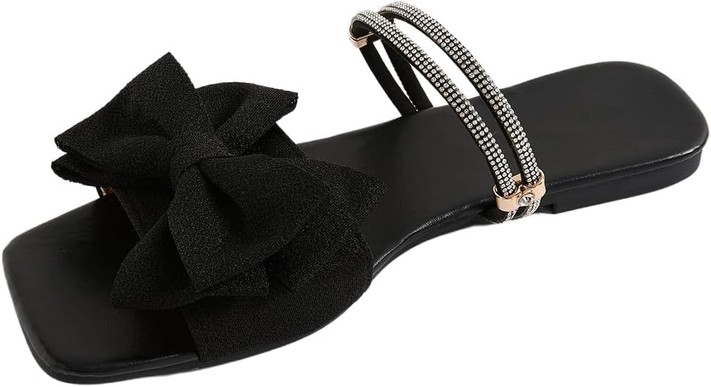 GORGLITTER Women's Bow Flat Sandals Dressy Rhinestone Comfortable Sandals | Cute Slip On Slides, Strappy Flats, Square Toe, Sparkly Dressy Party Wedding Sandals for Bride
