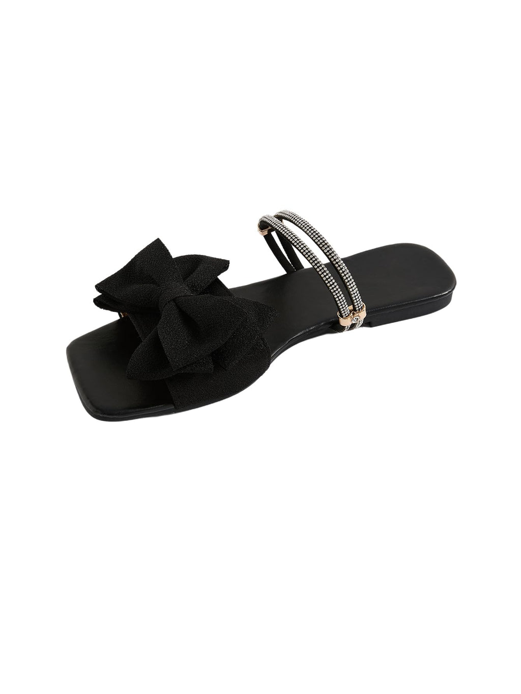 GORGLITTER Women's Bow Flat Sandals Dressy Rhinestone Comfortable Sandals | Cute Slip On Slides, Strappy Flats, Square Toe, Sparkly Dressy Party Wedding Sandals for Bride