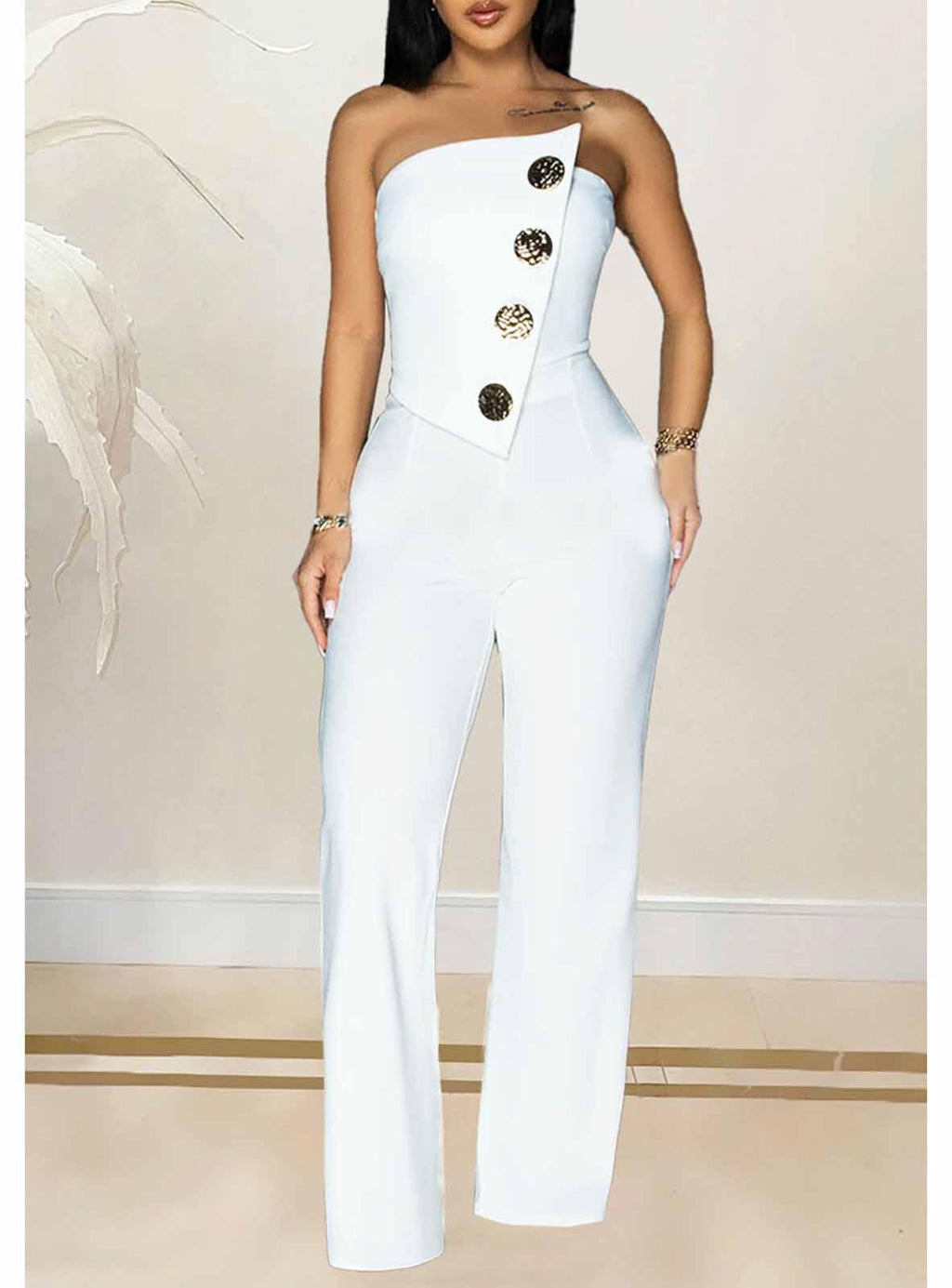 Yuopeid Women's Sexy Strapless Off Shoulder Bodycon Tube Top Overalls Jumpsuit Wide Leg Pants Formal Party Rompers