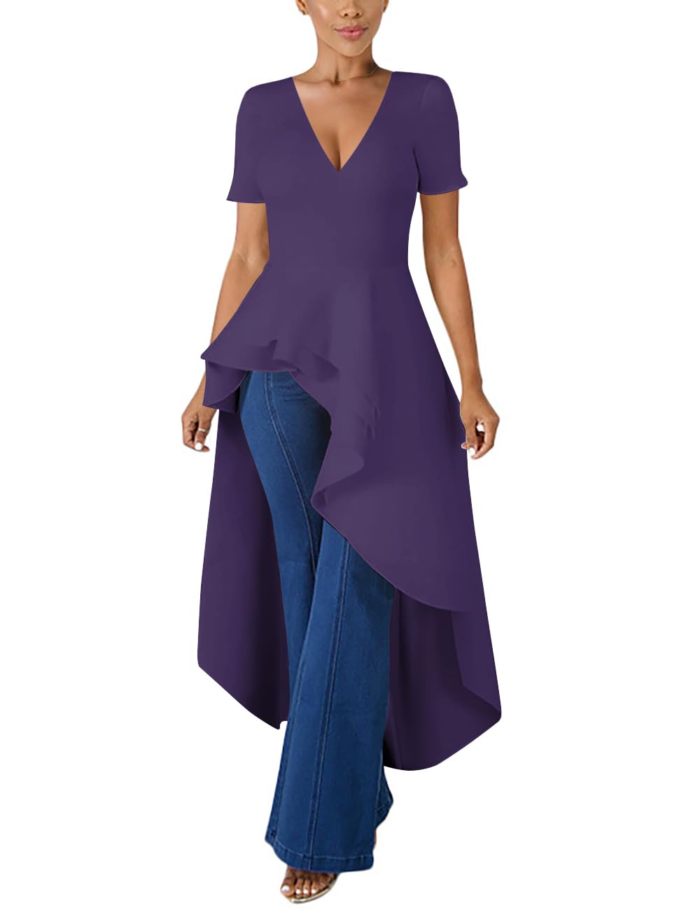 Lrady Womens V Neck Short Sleeve High Low Cocktail Party Dresses Peplum Tunic Tops Shirt Dress