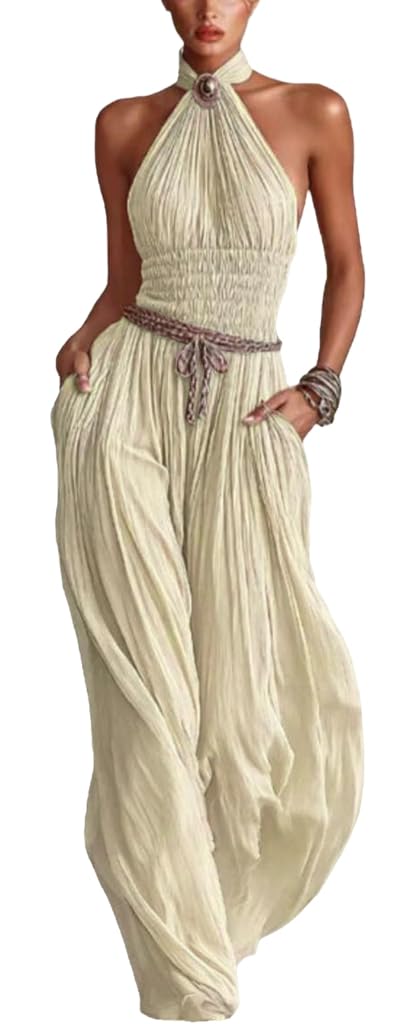 Wuitrie Women's Boho Halter Jumpsuit Pink Shirred Waist Wide Leg Pant Romper Vacation Party Outfits