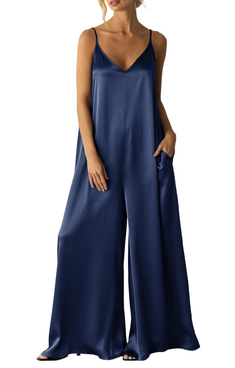 Womens Satin Wide Leg Jumpsuits Dressy Flowy Date Night Rompers Outfits | Silky Fabric,Casual Relaxed Fit,Formal,Wedding Guest,cocktail,Sexy V Neck,Spaghetti Strap,Summer,One Piece Outfit