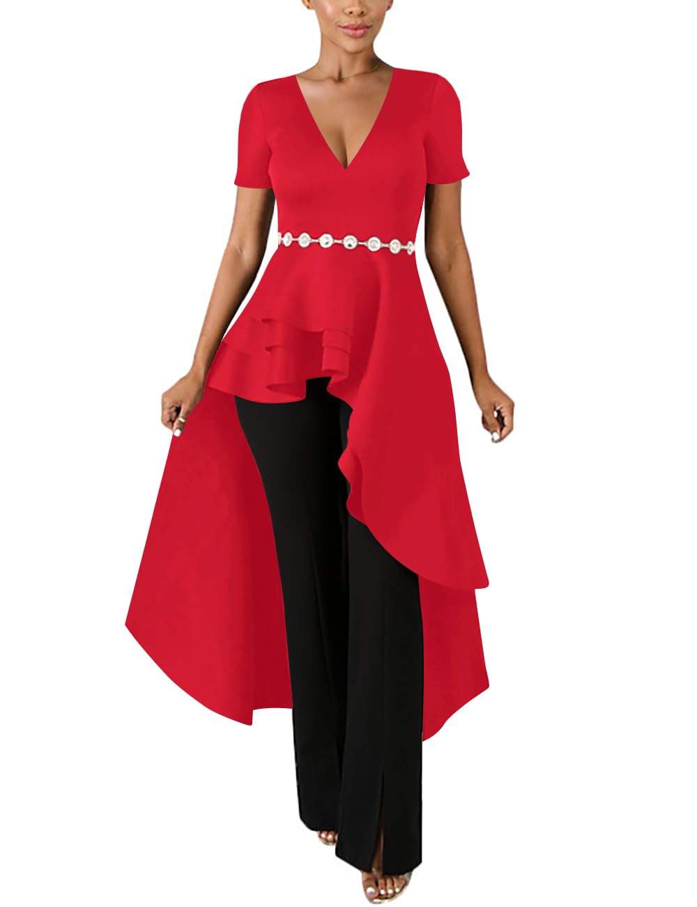 Lrady Womens V Neck Short Sleeve High Low Cocktail Party Dresses Peplum Tunic Tops Shirt Dress