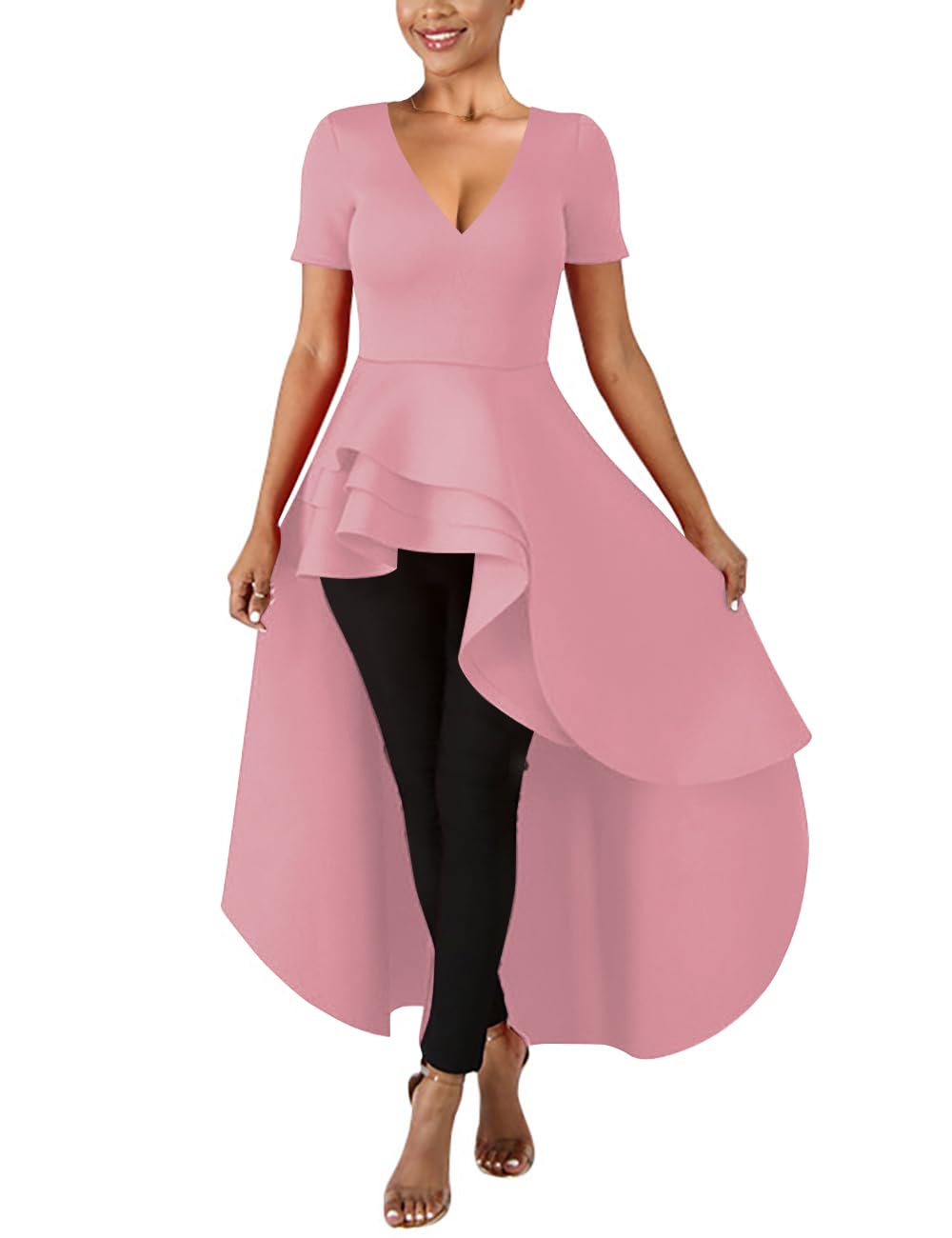 Lrady Womens V Neck Short Sleeve High Low Cocktail Party Dresses Peplum Tunic Tops Shirt Dress