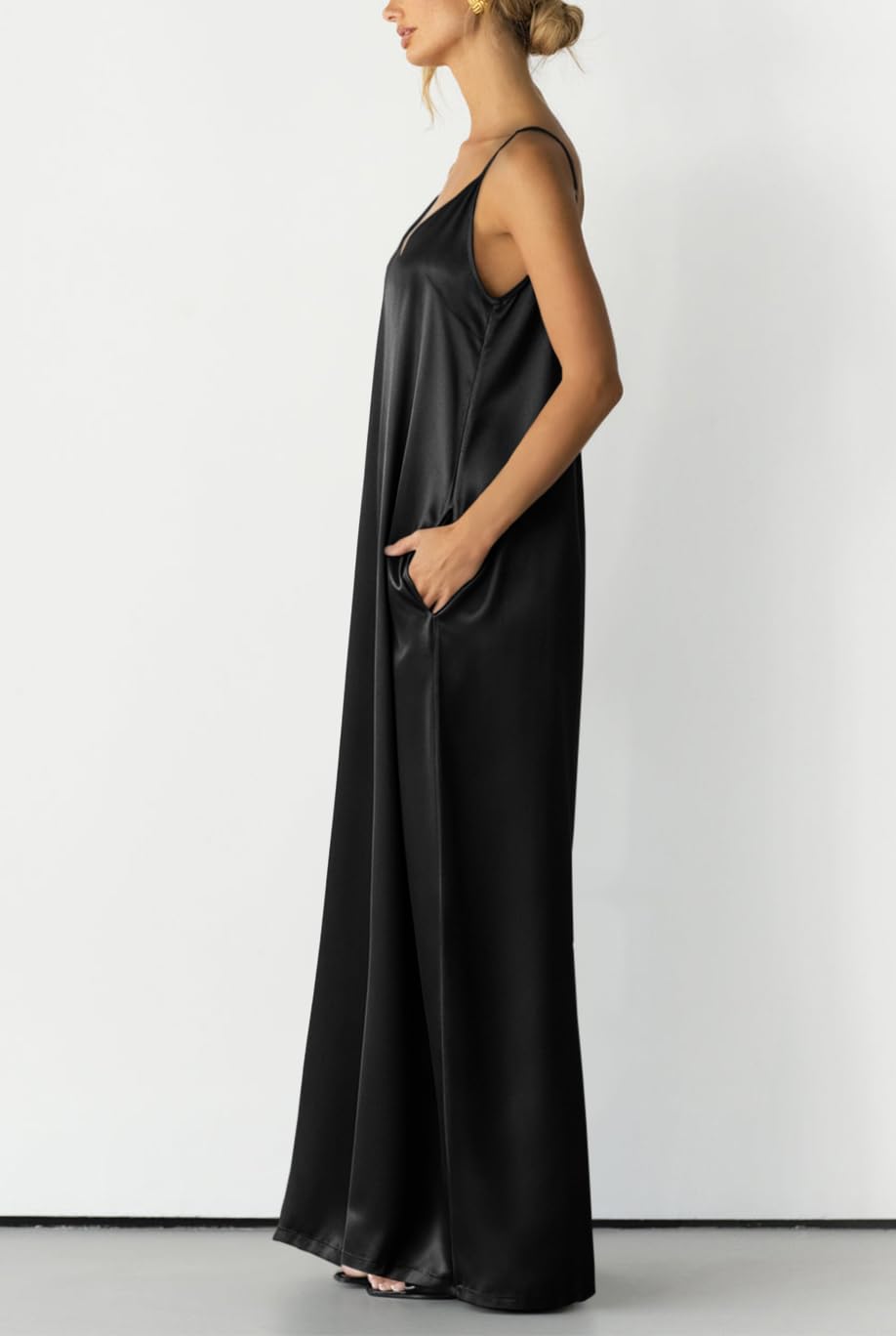 Womens Satin Wide Leg Jumpsuits Dressy Flowy Date Night Rompers Outfits | Silky Fabric,Casual Relaxed Fit,Formal,Wedding Guest,cocktail,Sexy V Neck,Spaghetti Strap,Summer,One Piece Outfit