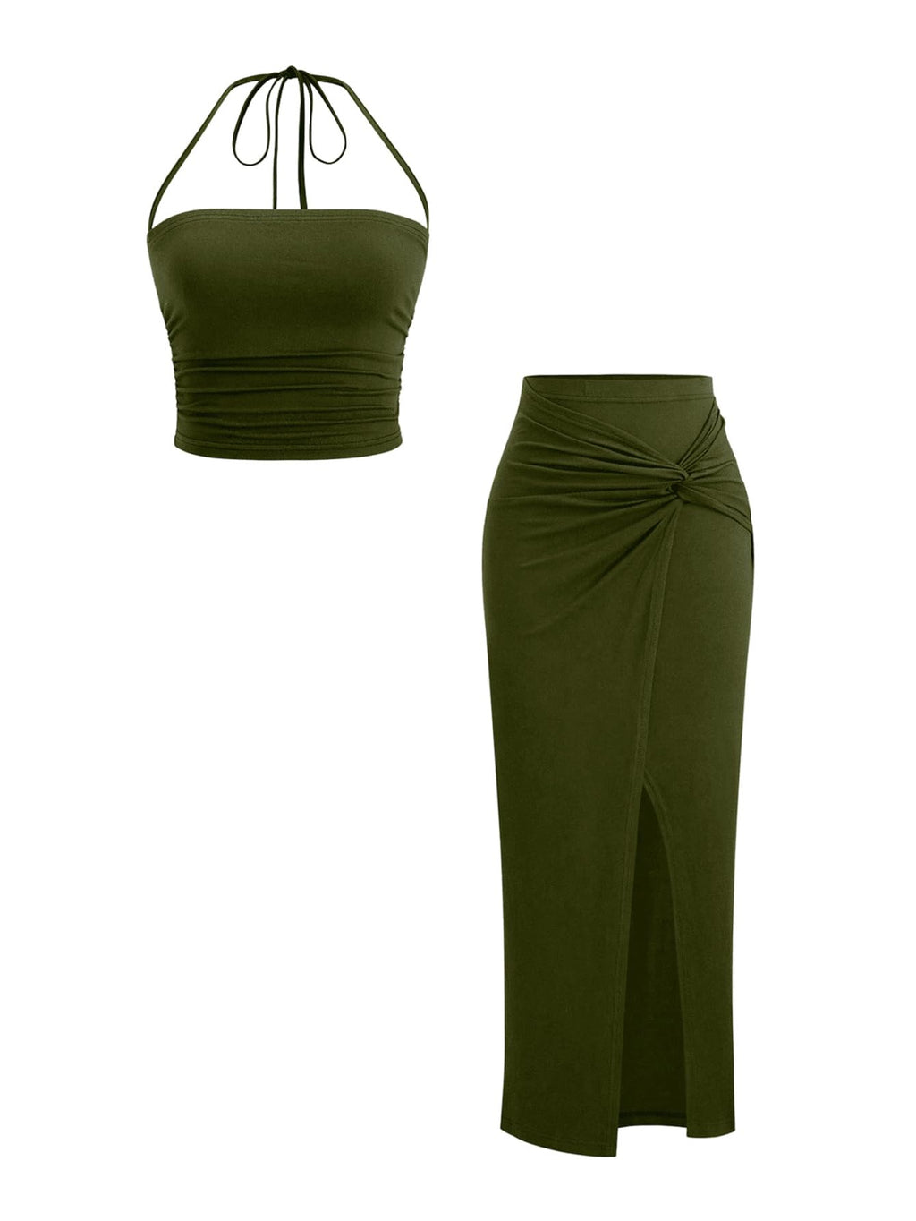 Verdusa Women's 2 Piece Set Summer Vacation Outfits Going Out Matching Set | Ruched Crop Halter Top, Asymmetrical Slit Long Skirt, Two Piece Skirt Set for Women, Summer Sets