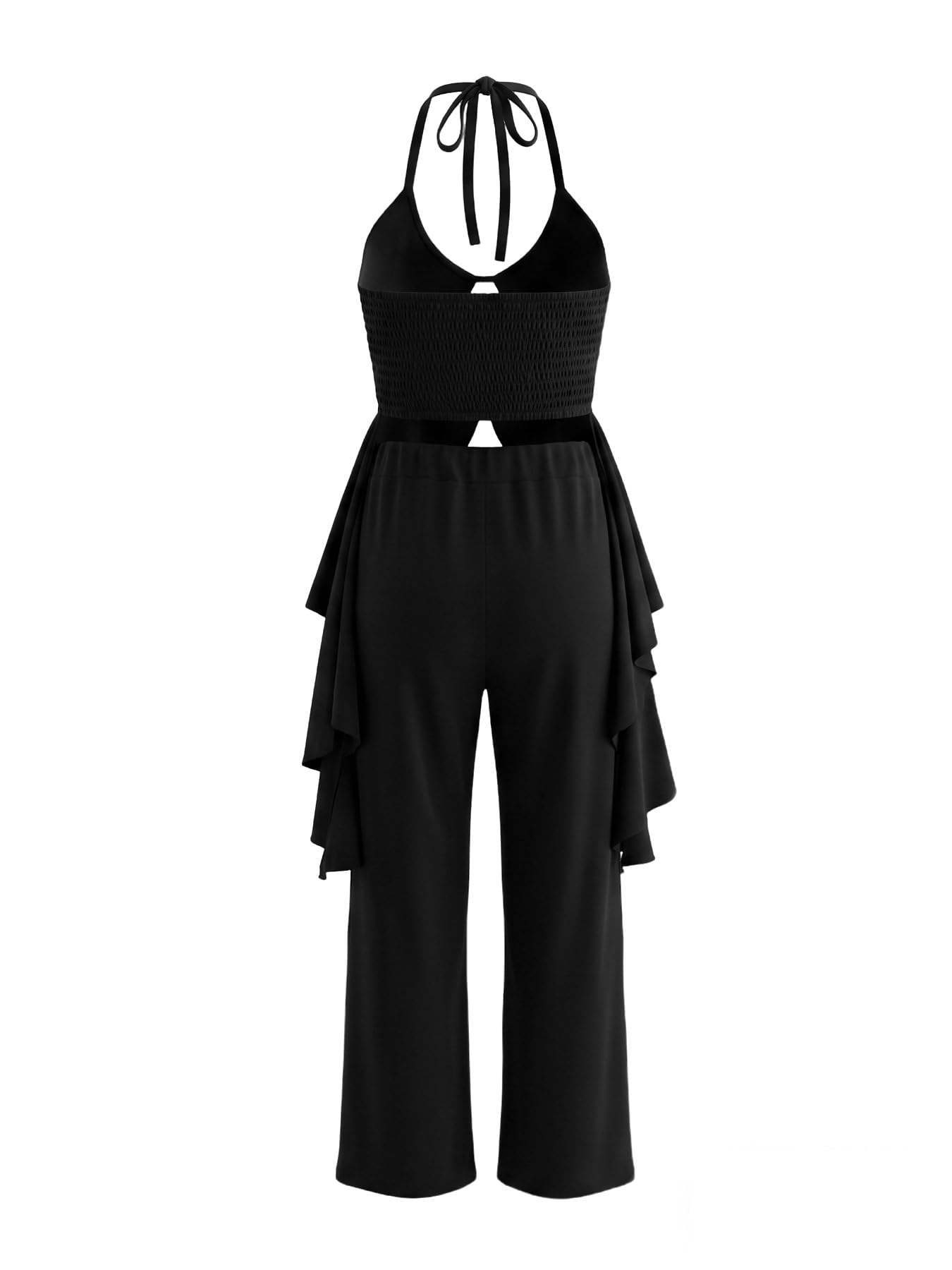 Women's Casual 2 Piece Set Sexy Sleeveless Backless Halter Neck Cutout Ruffled Tops Wide Legs Pants Outfits