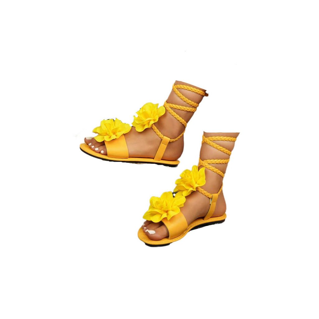 Women’s Strappy Flat Sandals, Lace Up Braided Open Toe Gladiator Sandals with Flower, Comfortable Summer Beach Vacation Shoes