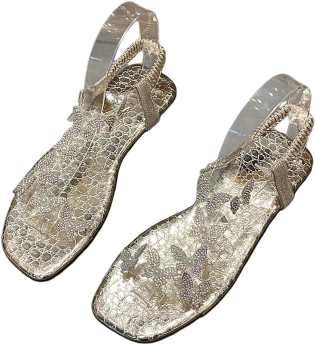 Women's Butterfly Rhinestone Flat Sandals Glitter Sparkly Bling Strappy Open Toe Elegant Transparent Elastic Strap Gladiator Sandals for Dressy Summer Wedding Bridal Prom Travel Daily Wear