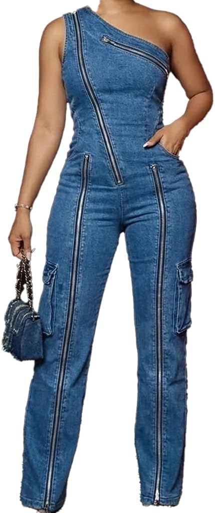 One Piece Jumpsuits for Women Denim One Shoulder Zip Up Tops and Straight Leg Pants Sexy Going Out Outfits
