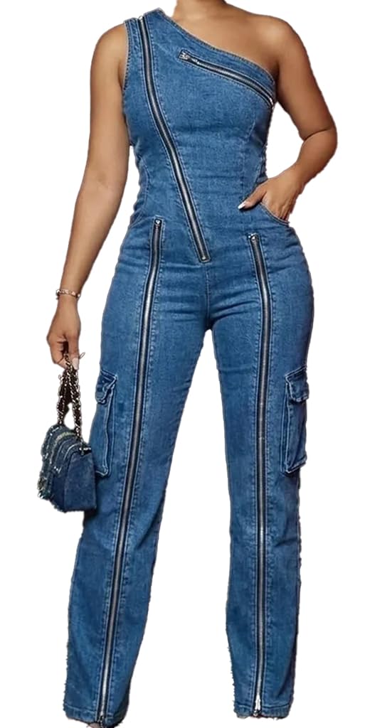 One Piece Jumpsuits for Women Denim One Shoulder Zip Up Tops and Straight Leg Pants Sexy Going Out Outfits