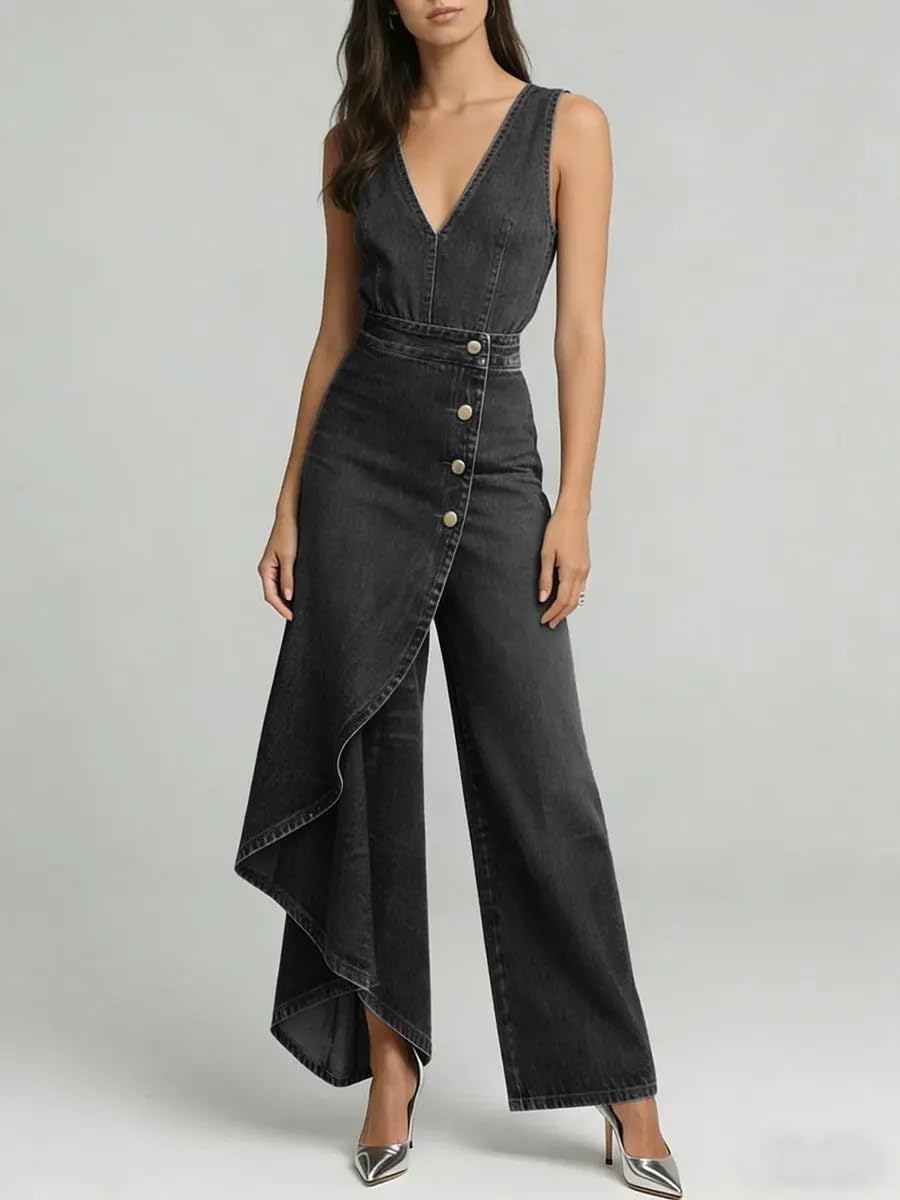 Denim Jumpsuit for Women Sleeveless Irregular Wide Leg Jumpsuits Trendy Cowgirl Western Outfits