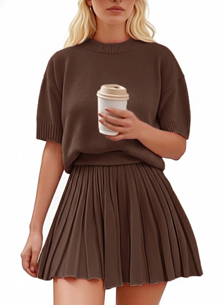 Womens 2 Piece Outfits 2026 Short Sleeve Crewneck Knit Tops And Pleated Mini Skirt Two Piece Sets