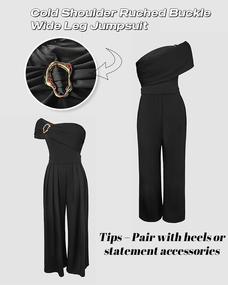 CHICME Women's Jumpsuit Dressy One Shoulder Buckle Decor Ruched Wide Leg Jumpsuits Elegant Party Overall