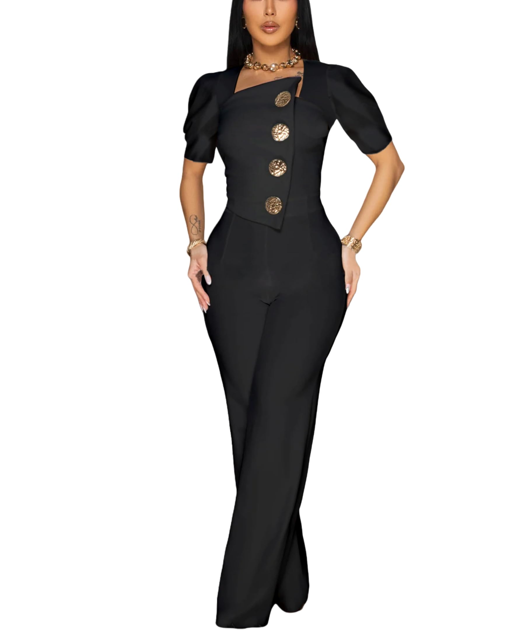 Women's fashionablesexyeleganthigh waistedwide leg pantsclub business party button jumpsuit
