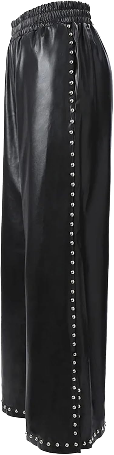 Women's Wide Leg Faux Leather Pants Rivets Pearls Elastic Waist Beggy Trousers with Pockets