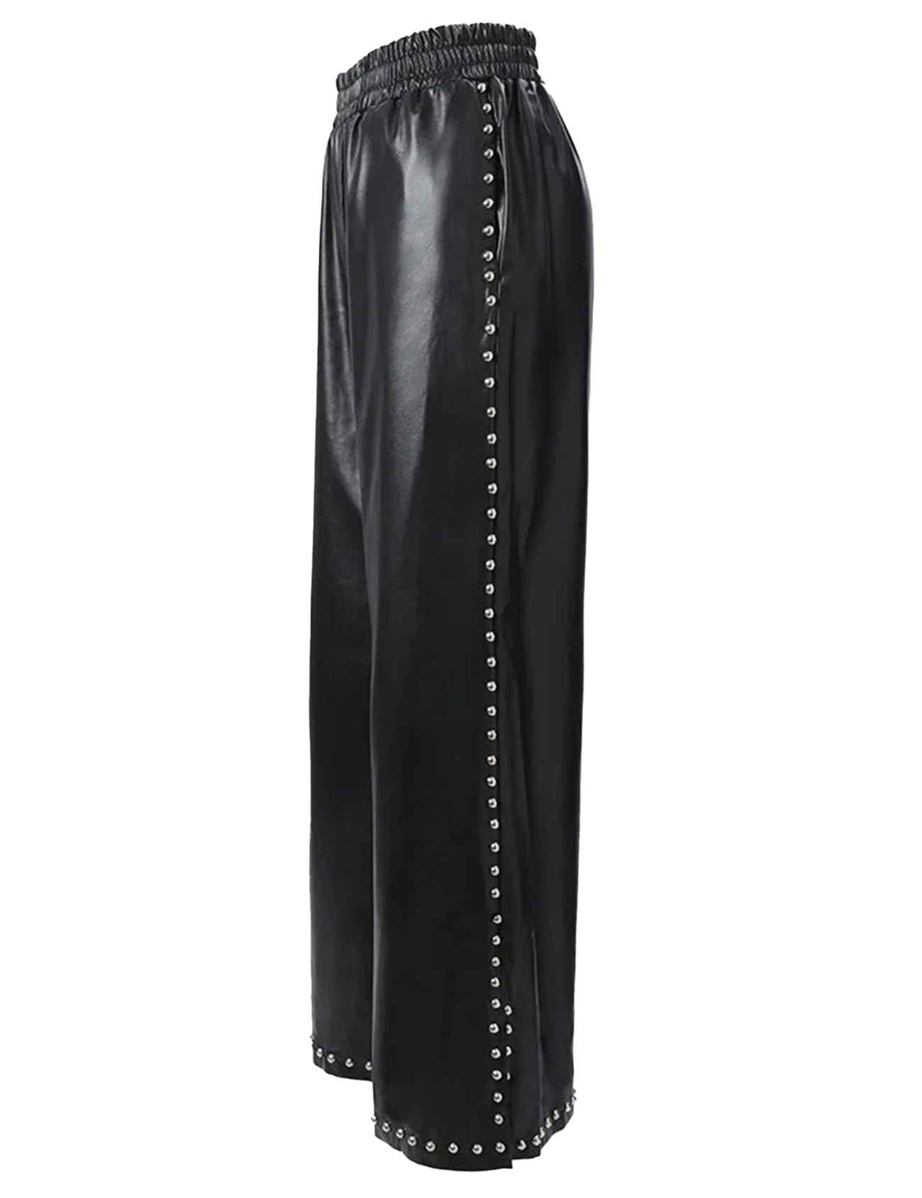 Women's Wide Leg Faux Leather Pants Rivets Pearls Elastic Waist Beggy Trousers with Pockets
