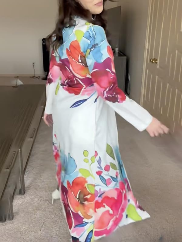 Women's Button Down Maxi Shirt Dress Boho Long Sleeve Collar Watercolor Floral Print Long Dress Loose Fit Casual Dresses