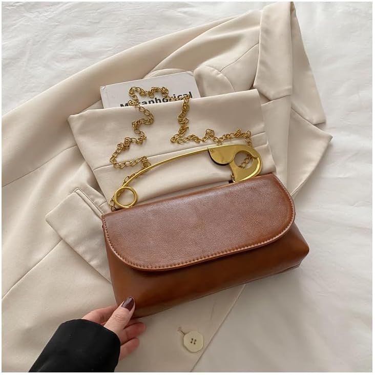 Women's Unique Safety Pin Crossbody Purse | Leather Clutch Bag Gold Handles Chain novelty clutch