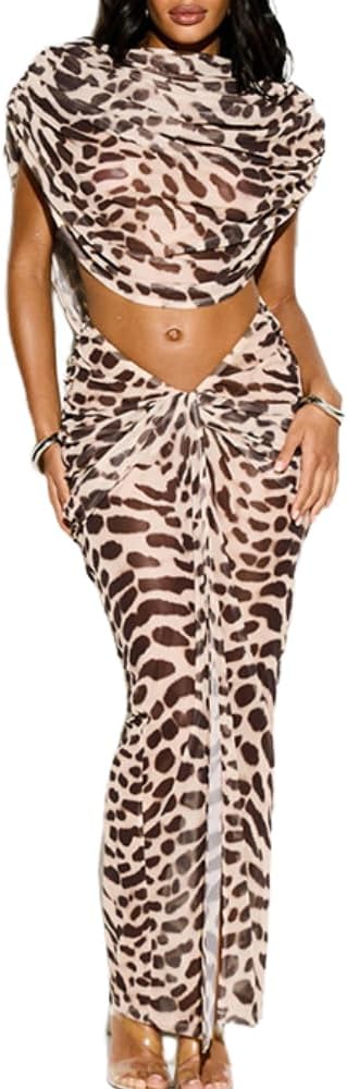 Leopard Mesh Skirt Two Piece For Women Pleated Crop Top Long Split Skirt Sexy Party Club Wear Fashion Going Out Set